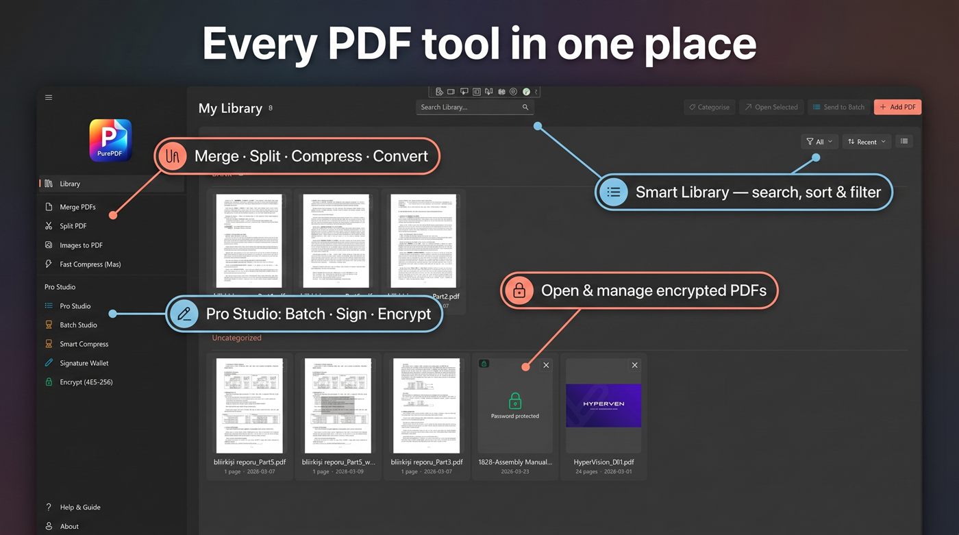 PurePDF Library โ search, sort, filter, merge, split and manage encrypted PDFs