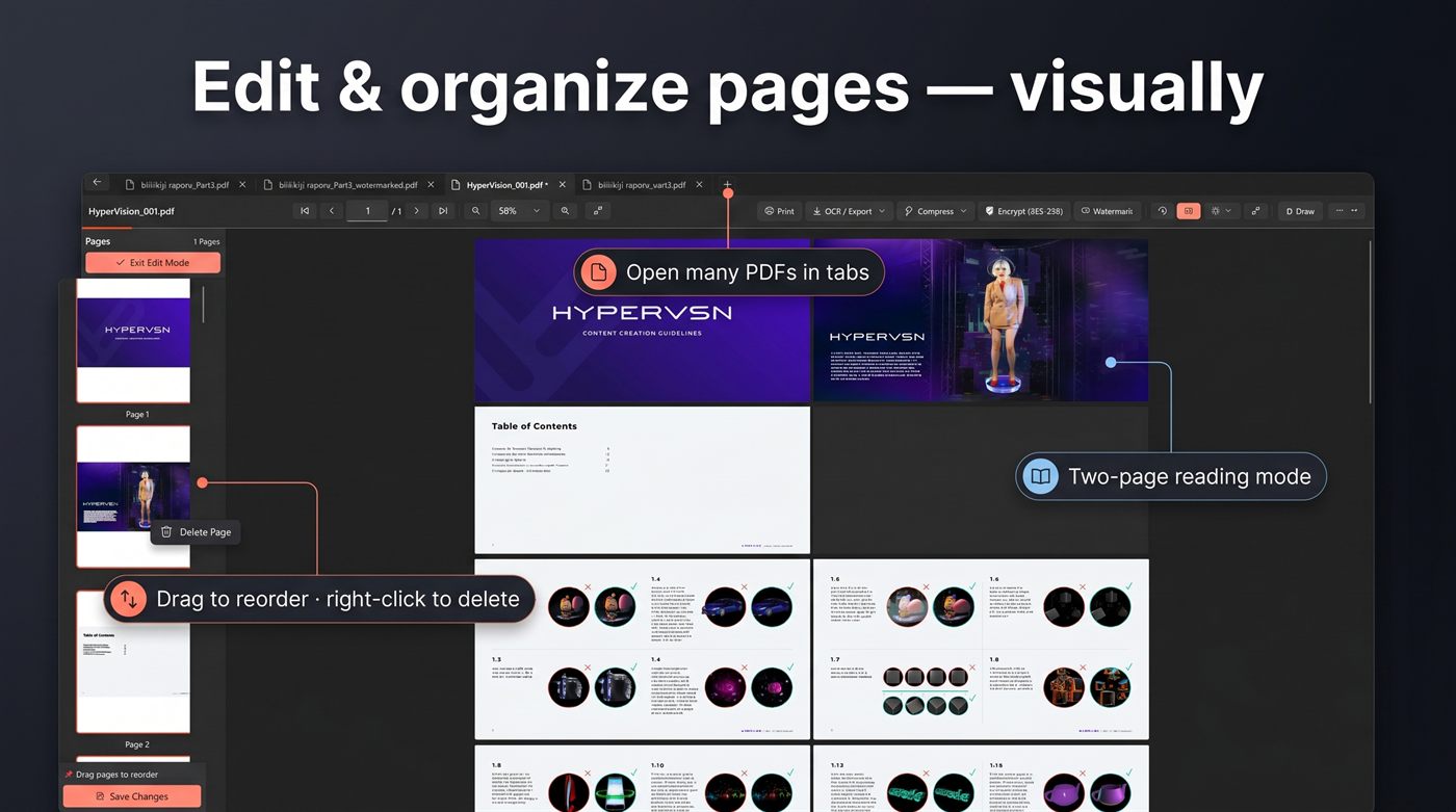 Edit and organize PDF pages visually with tabs and two-page reading mode