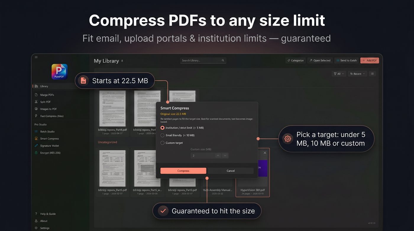 Smart Compress โ shrink PDFs to any target size limit, saved as a standard PDF